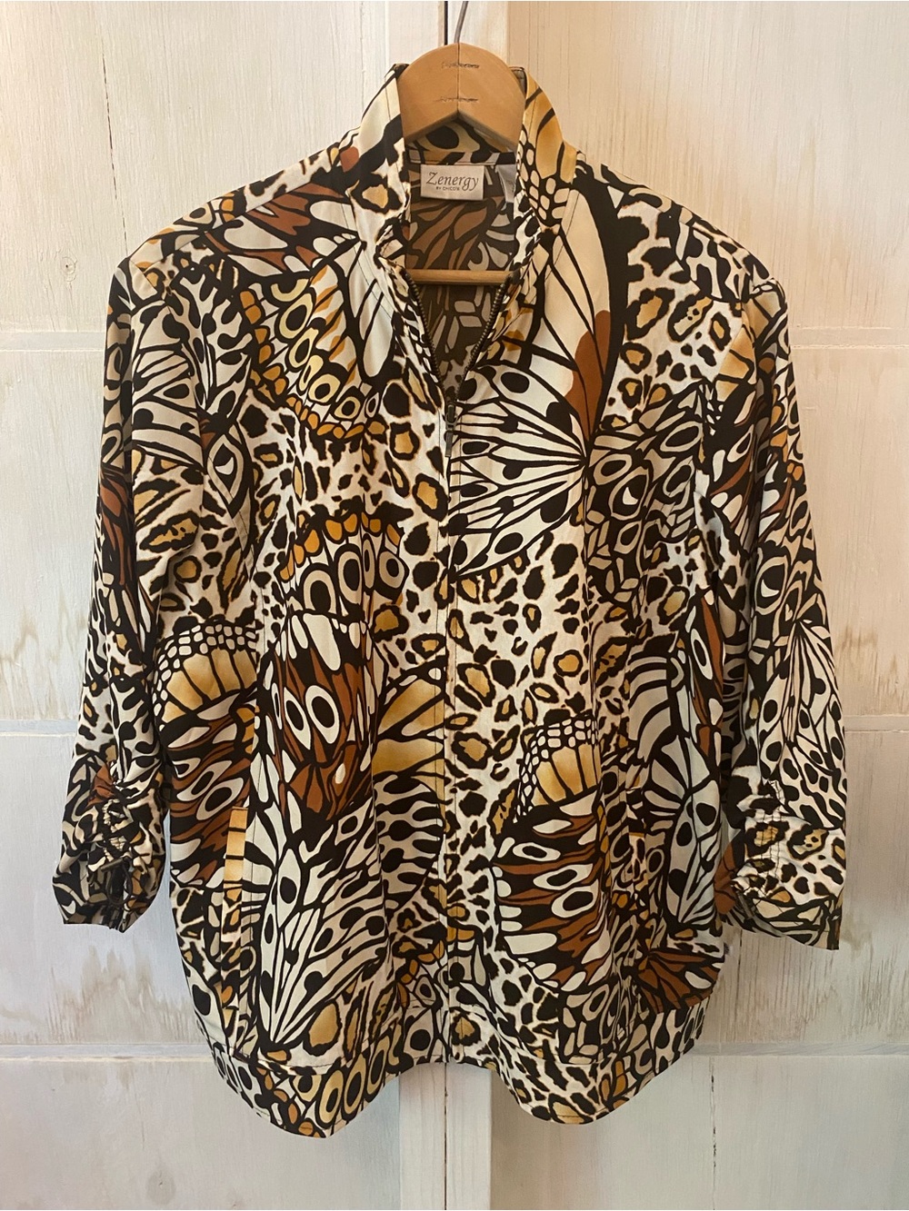 Zenergy Chico’s Brown & Cream Printed Relaxed Full Zip Lightweight Jacket